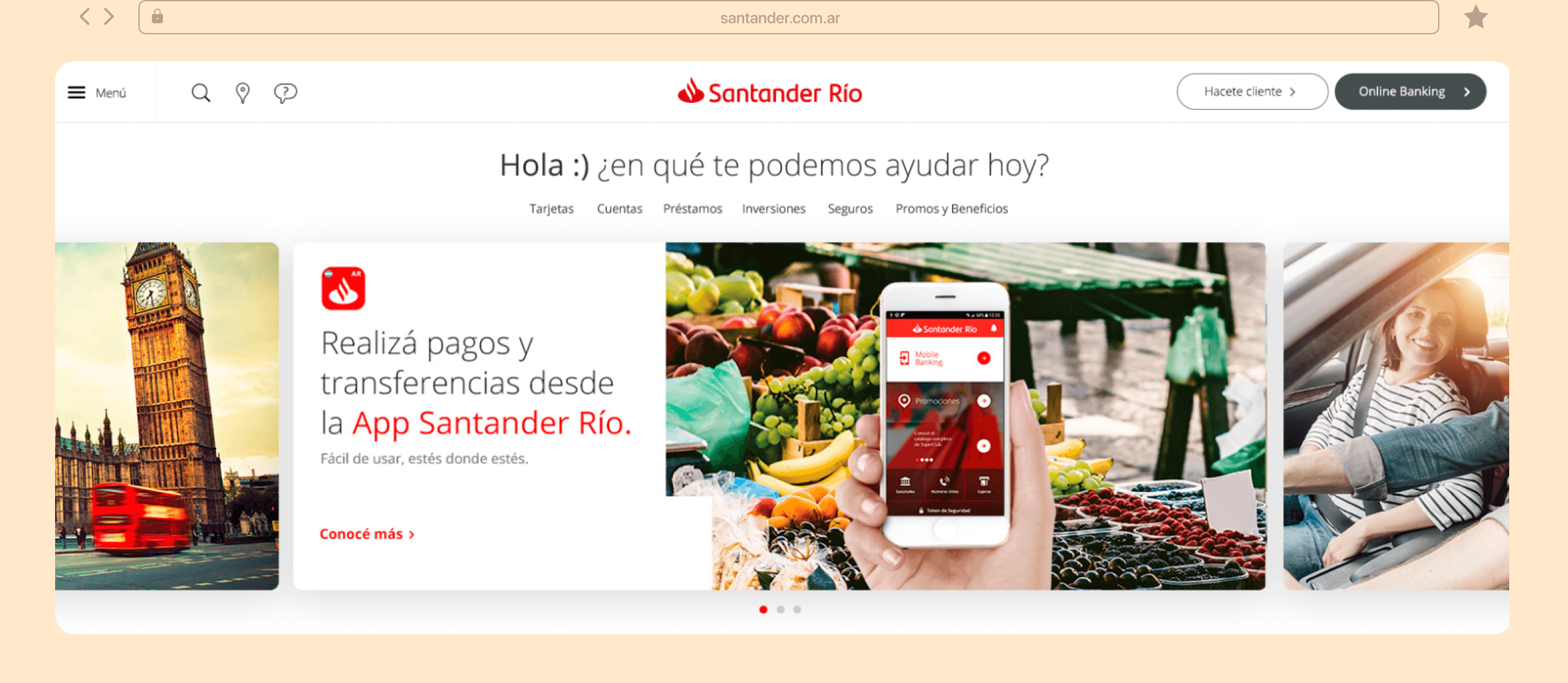 Image of a web browser showing the design of the Main Page of the Banco Santander website