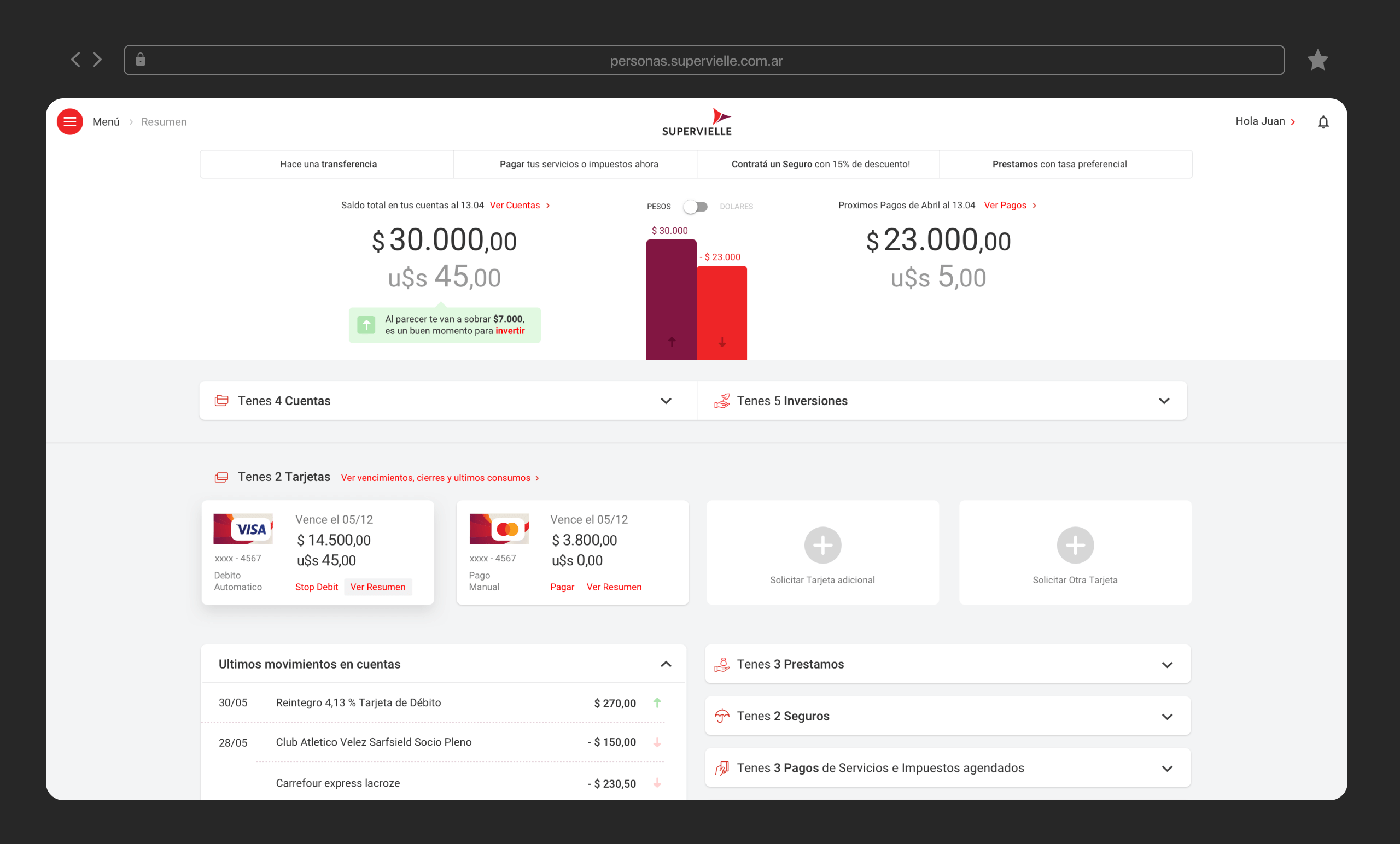 Image of the home screen of the Online Banking desing proposal